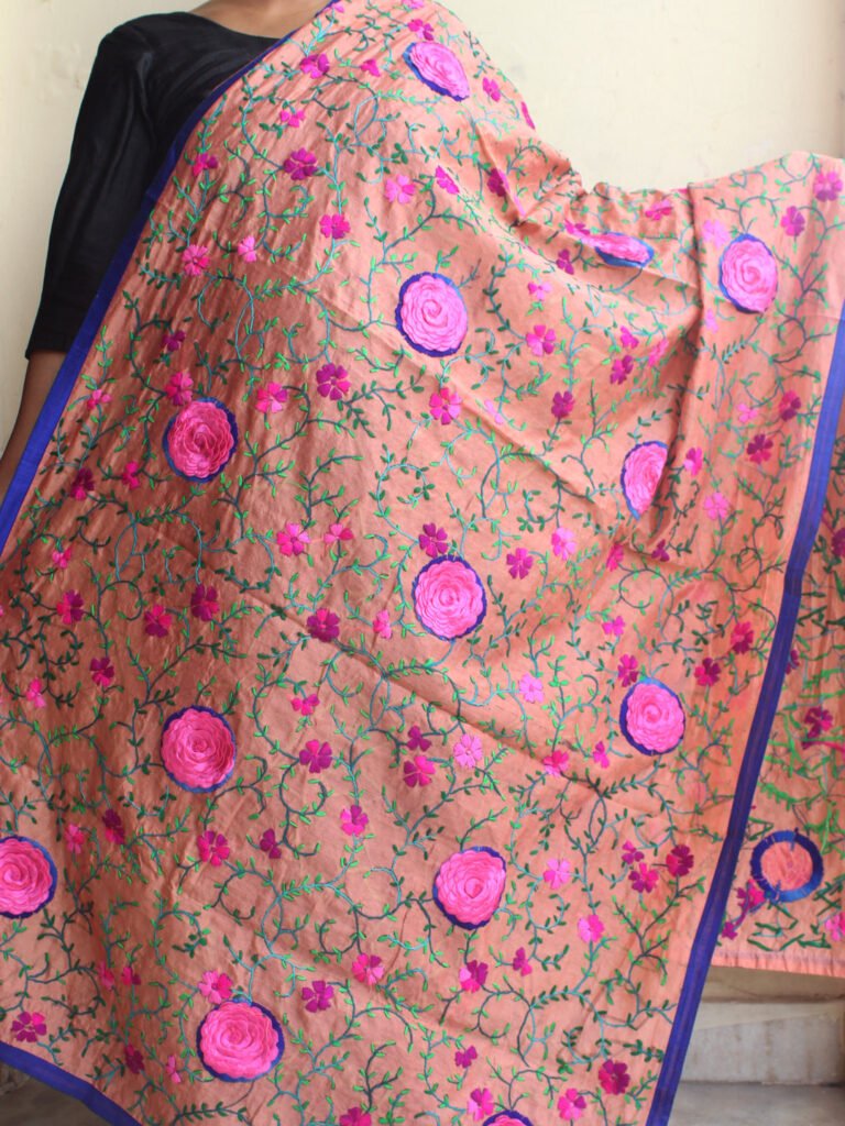 Pink Rose Patch Peach Chanderi Fulkari Duptta Shilphaat