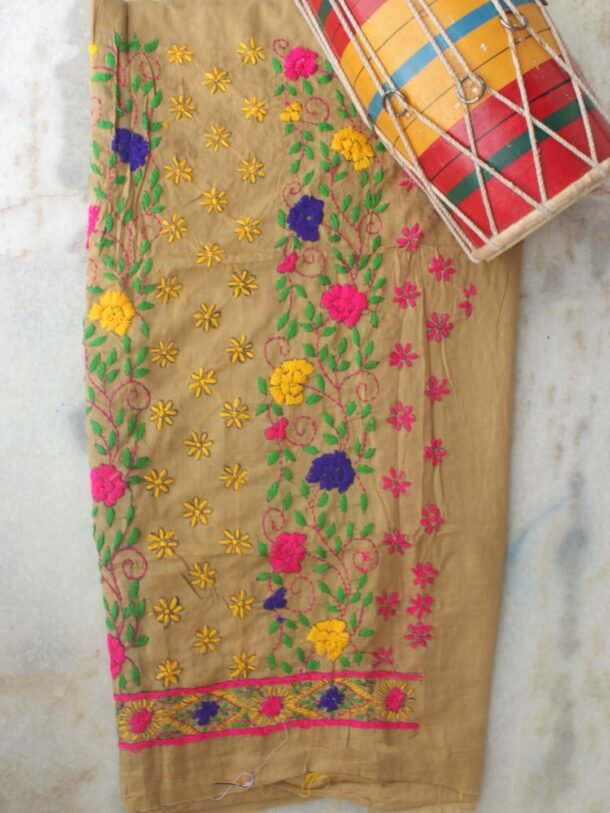Beige-Brown-Phulkari-embroidered-cotton-punjabi-salwar-fabric