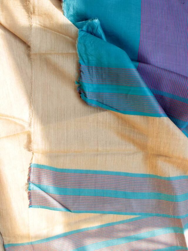 Beige-and-blue-muga-silk-saree