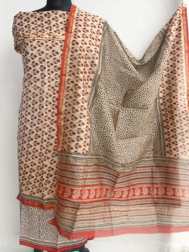 Beige-and-maroon-Block-print-Chanderi-ladies-suit