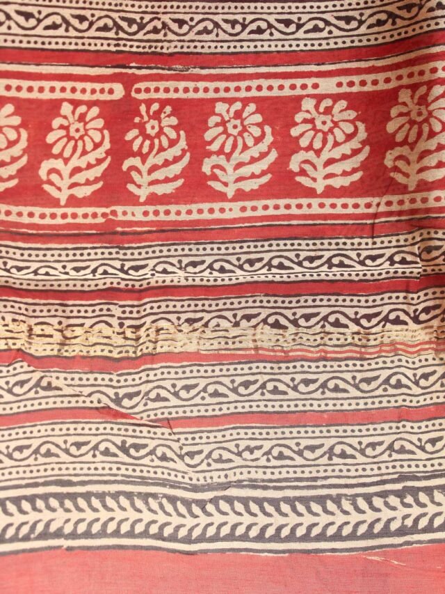 Beige-and-red-block-printed-chanderi-dress-material