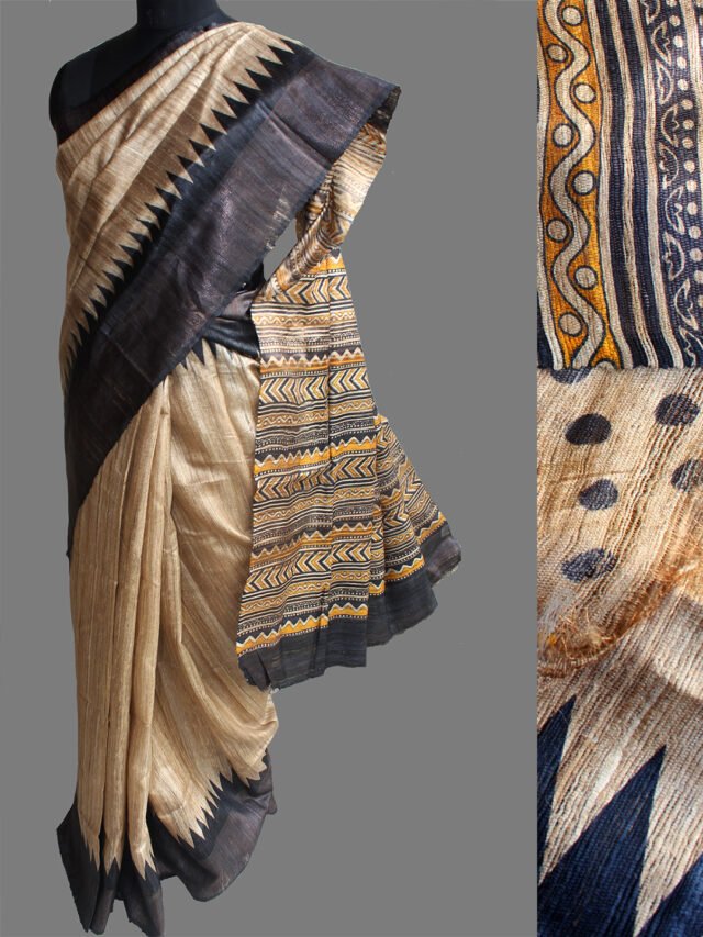 Beige,-black-and-yellow-katiya-tussar-silk-sari