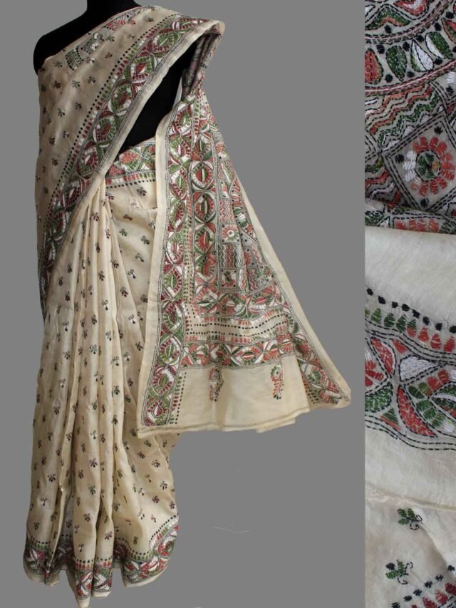 Beige-tussar-silk-Kanthawork-Saree