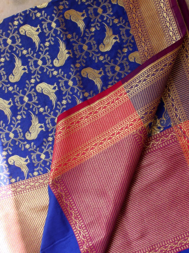 Bird-motif,-blue-art-silk-banarasi-dupatta