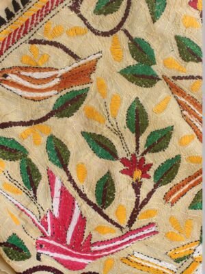 Birds, Nakshi-Kantha Embroidered Tussar Silk Duppata - Shilphaat.com