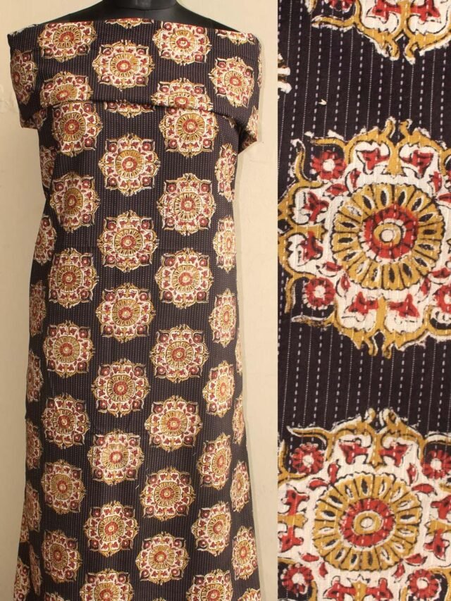 Black-Bagru-hand-Block-Printed-kanthawork-cotton-fabric