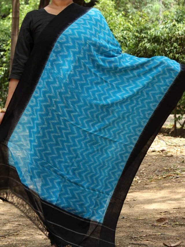 Black-border-blue-missing-thread-ikat-dupatta