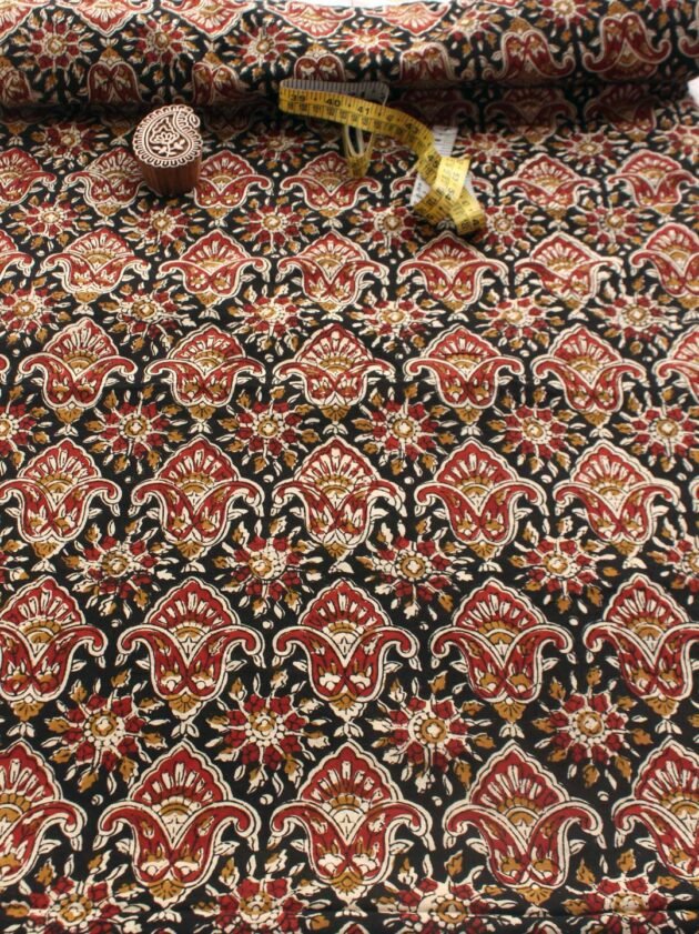 Black-red-yellow--block-printed-cotton-kurta-fabric