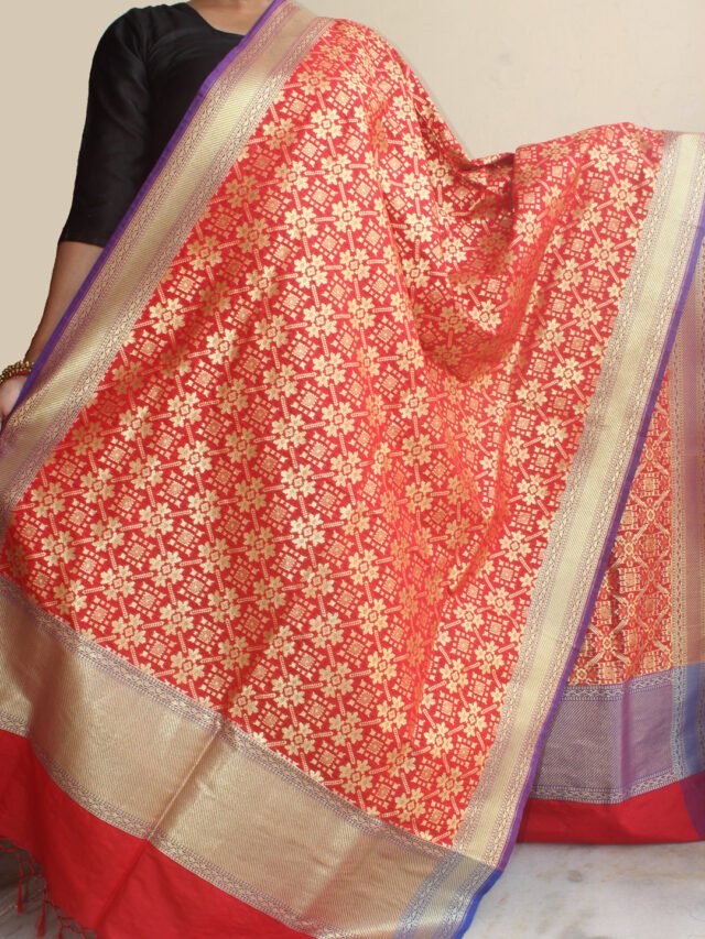 Blue-Border,-Red-Banarasi-Dupatta