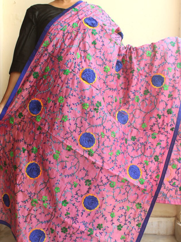 Blue-Rose-Patch,-Pink-Phulkari-dupatta