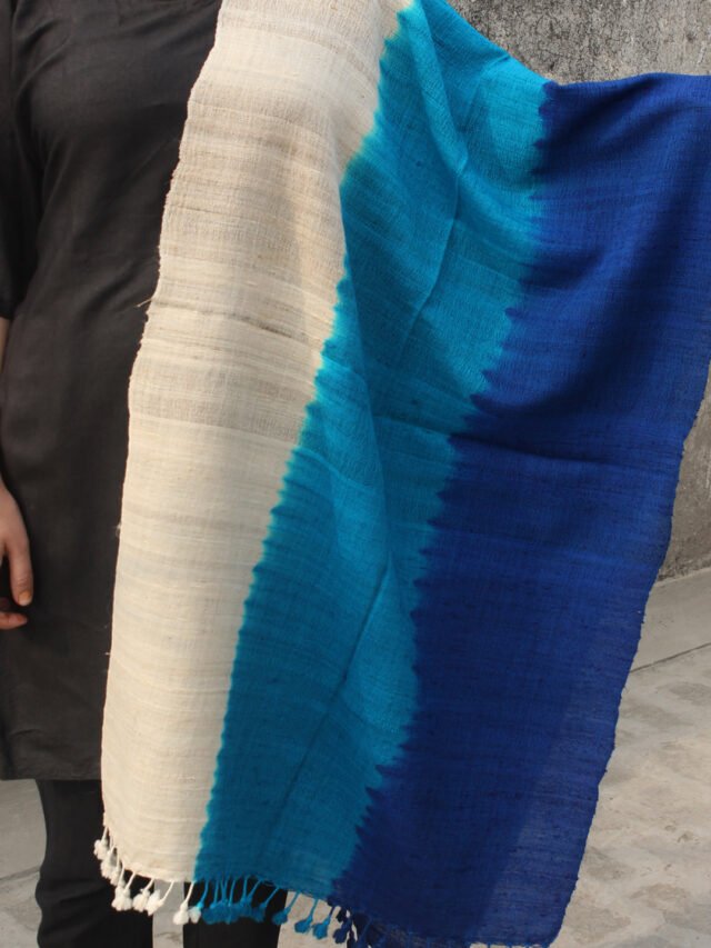 Blue-and-beige-white-tussar-wool-stole-
