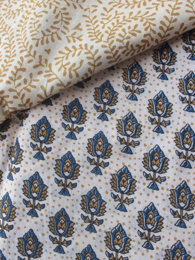 Blue-and-brown-wood-block-print-mulmul-cotton-saree.Shilphaat