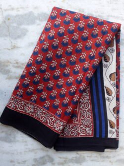Blue-and-dark-red-block-printed-mul-cotton-saree