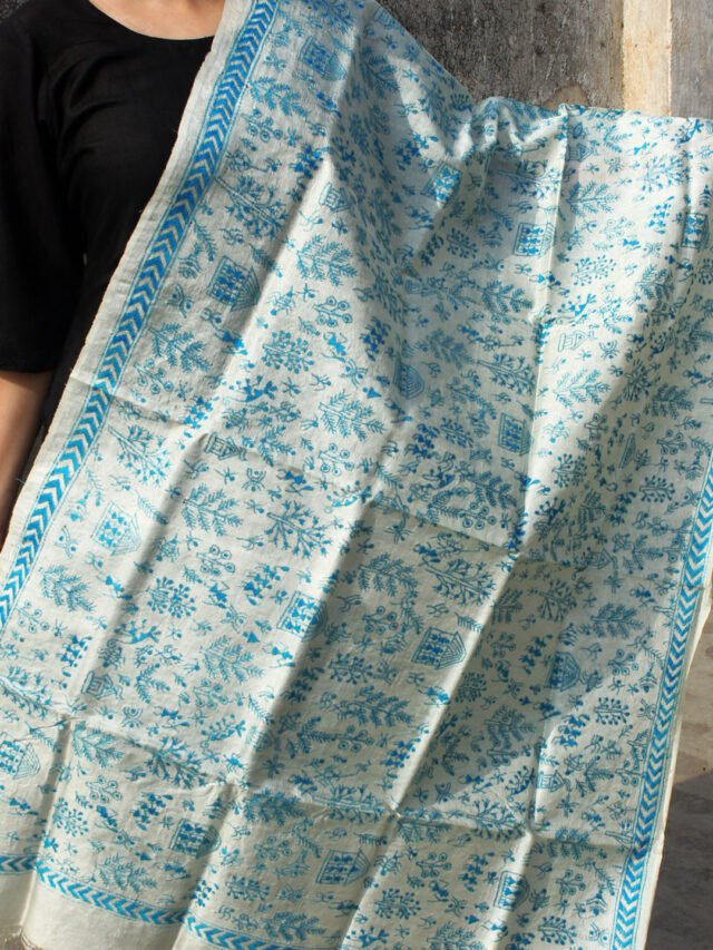 Blue-and-white-warli-kanthawork-dupatta