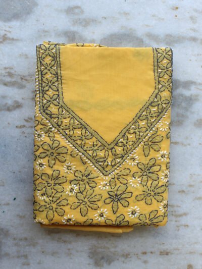 Blue-chikankari-embroidered-yellow-cotton-dress-material
