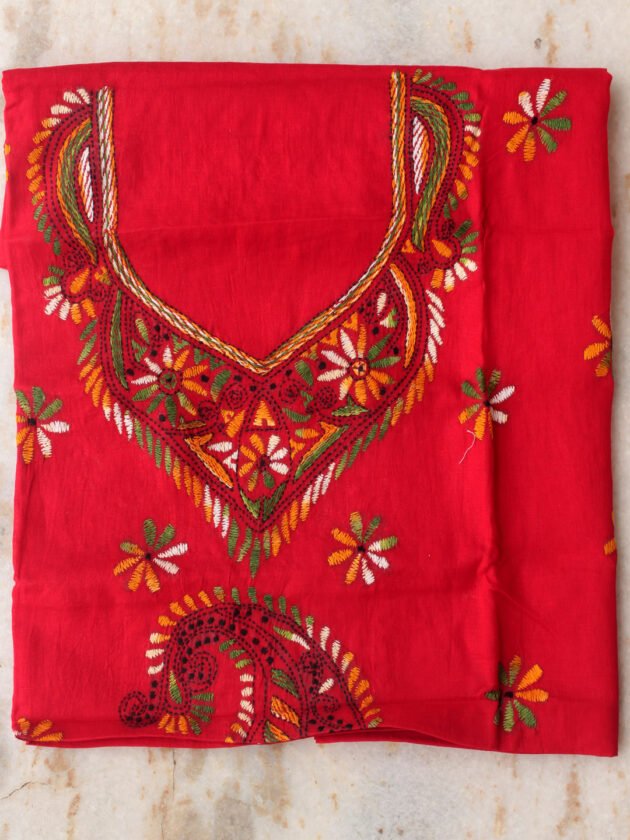Bright-Red-kanthawork-cotton-ladies-kurta-fabric