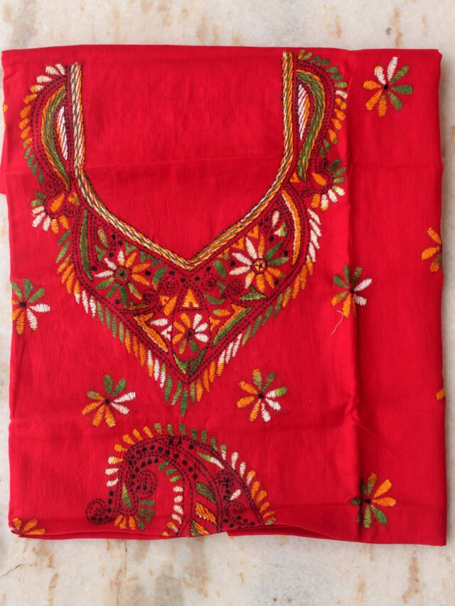 Bright-Red-kanthawork-cotton-ladies-kurta-fabric