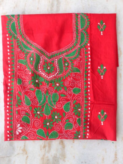 Bright-red-and-green-kanthawork-cotton-ladies-kurta-fabric