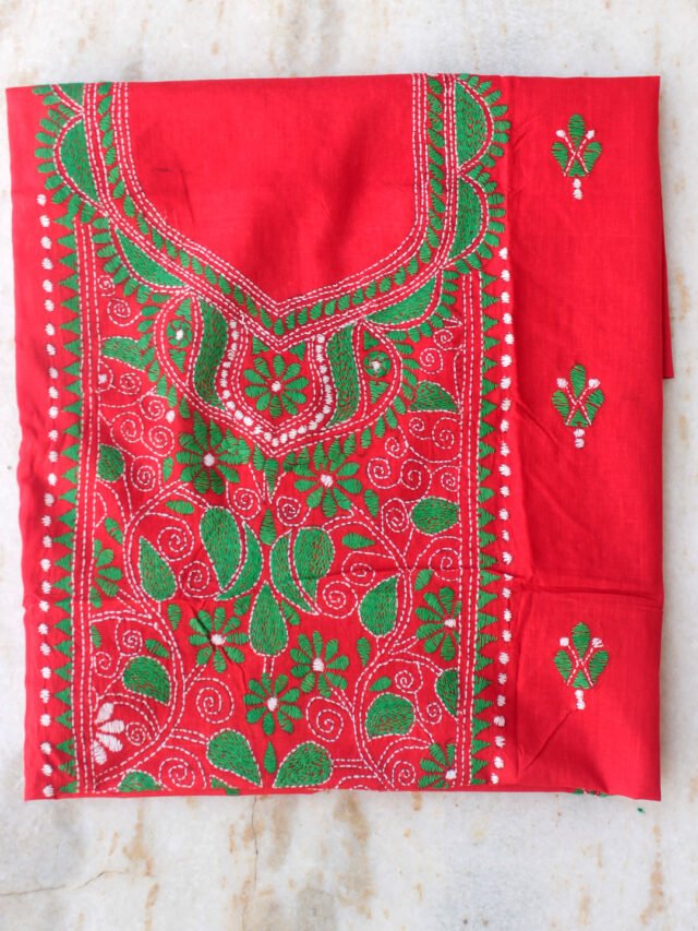 Bright-red-and-green-kanthawork-cotton-ladies-kurta-fabric