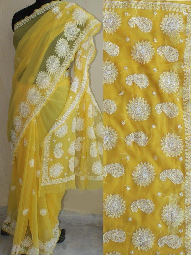 Bright-yellow-georgette-chikankari-sari at Shilphaat