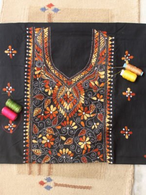 Brown-KanthaaWork-on-Black-cotton-kurta-fabric