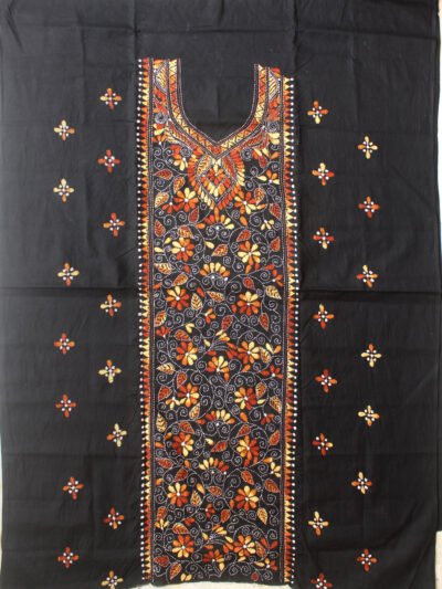 Brown KanthaaWork on Black cotton Kurta Fabric - Shilphaat.com