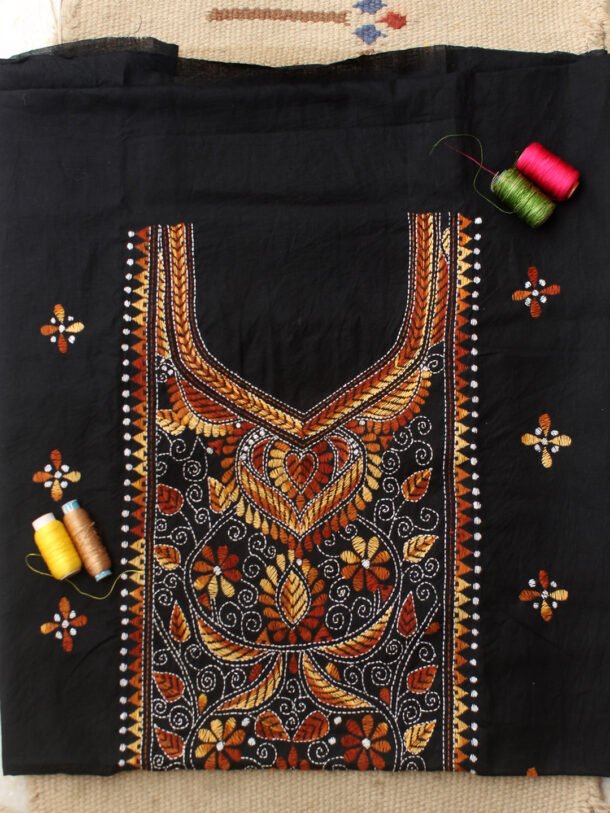 Brown-kantha-embroidered-black-cotton-kurta-fabric