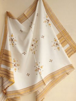 Brown,-yellow-Border,-white-mirrorwork-bhujodi-shawl