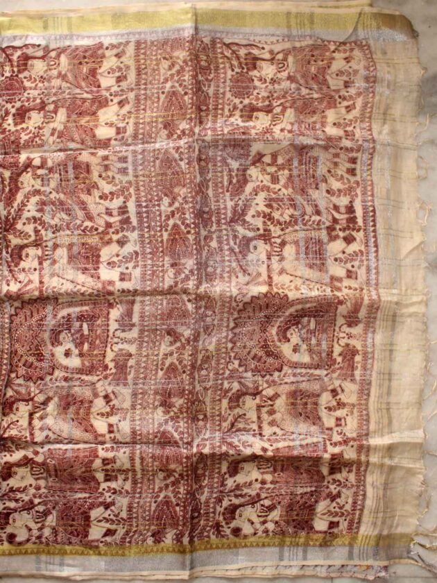 Cream-and-rust-zariwork-linen-saree