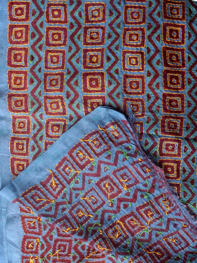 Cyan-Blue-Block-printed-kantha-emroidered-silk-dupatta