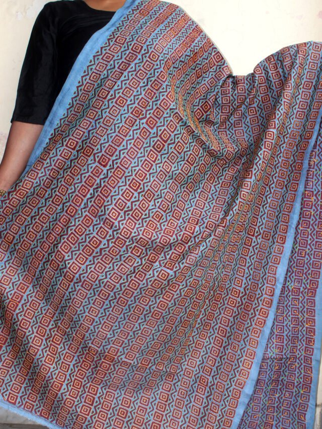 Cyan-Blue-Block-printed-kanthawork-silk-dupatta