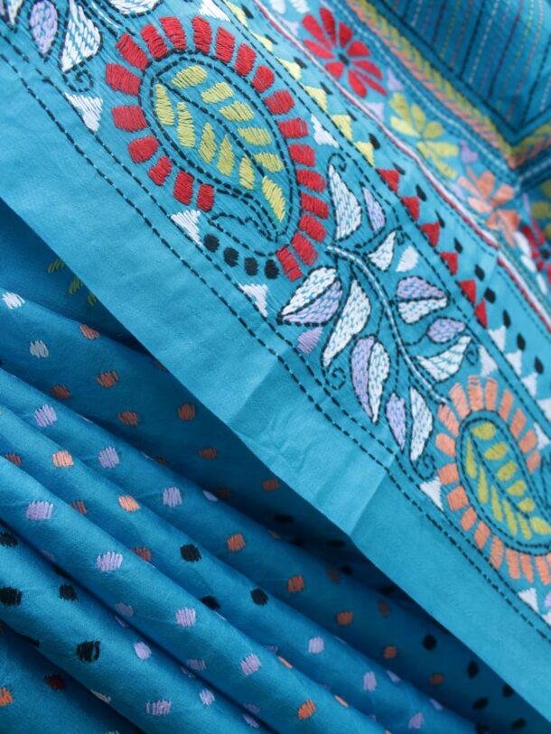 Cyan-Blue-kantha-handembroidered-pure-silk-saree at Shilphaat.com