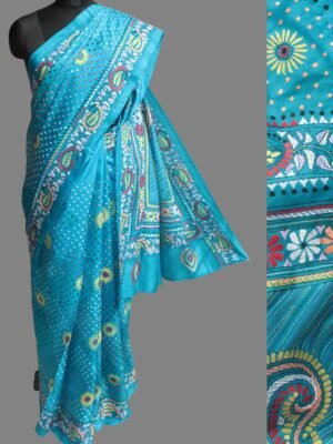 Cyan-blue-kanthawork embroiderd -silk-sari