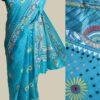 Cyan-blue-kanthawork-embroiderd--silk-sari at Shilphaat.com