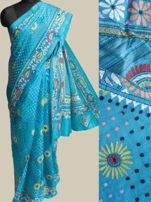 Cyan-blue-kanthawork-embroiderd--silk-sari at Shilphaat.com