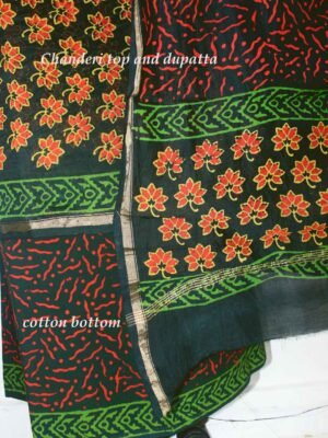 Dark-green-and-orange-bagru-print-silk-cotton-dress-material