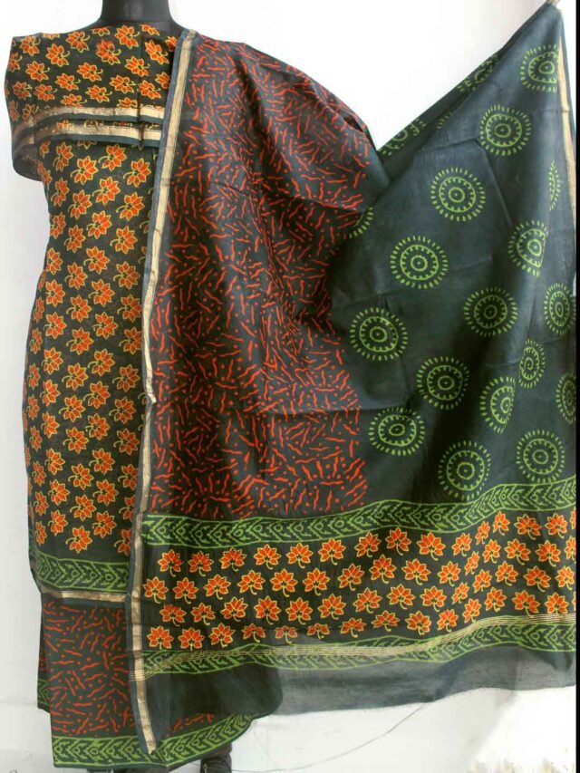 Dark-green-and-orange-blockprinted-chanderi-ladies-suit