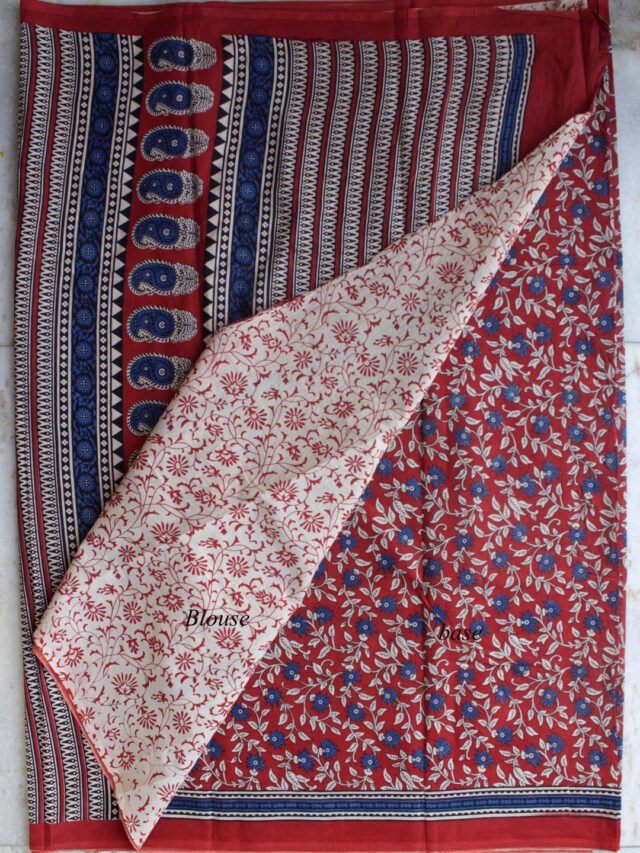 Dark-red-and-blue-bagru-printed-cotton-sari