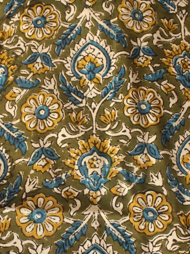 Dirty-green-bagru-block-print-cotton-fabric