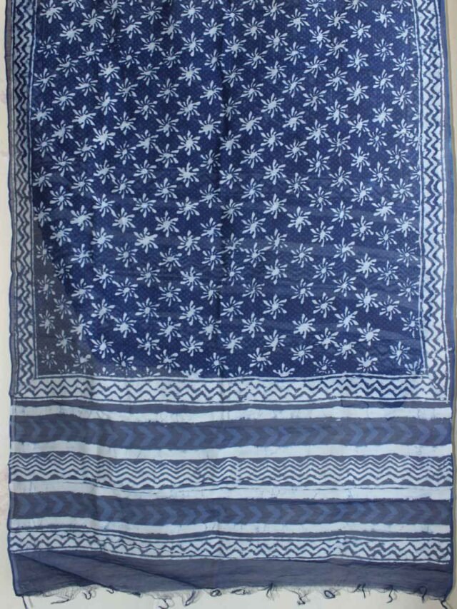 Floral-indigo-dabu-block-printed-chanderi-dupatta