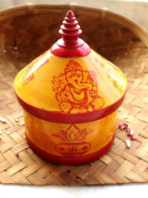 Ganesh-and-kalash-red,-yellow-wooden-sindur-dani