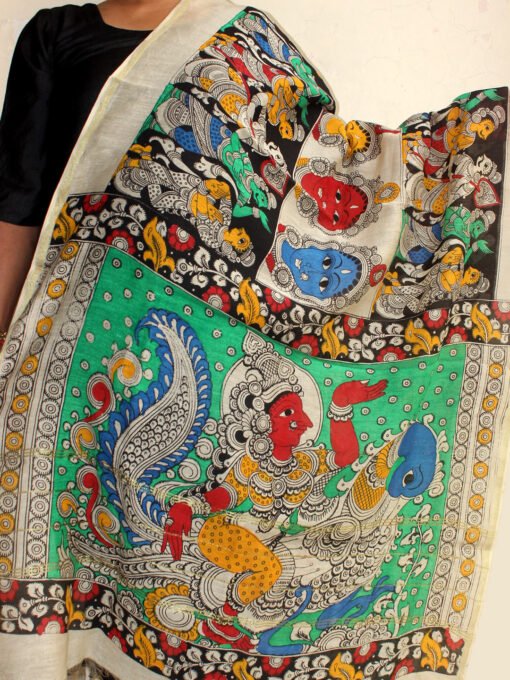Goddess-on-peacock-handpainted-kalamkari-chanderi-dupatta
