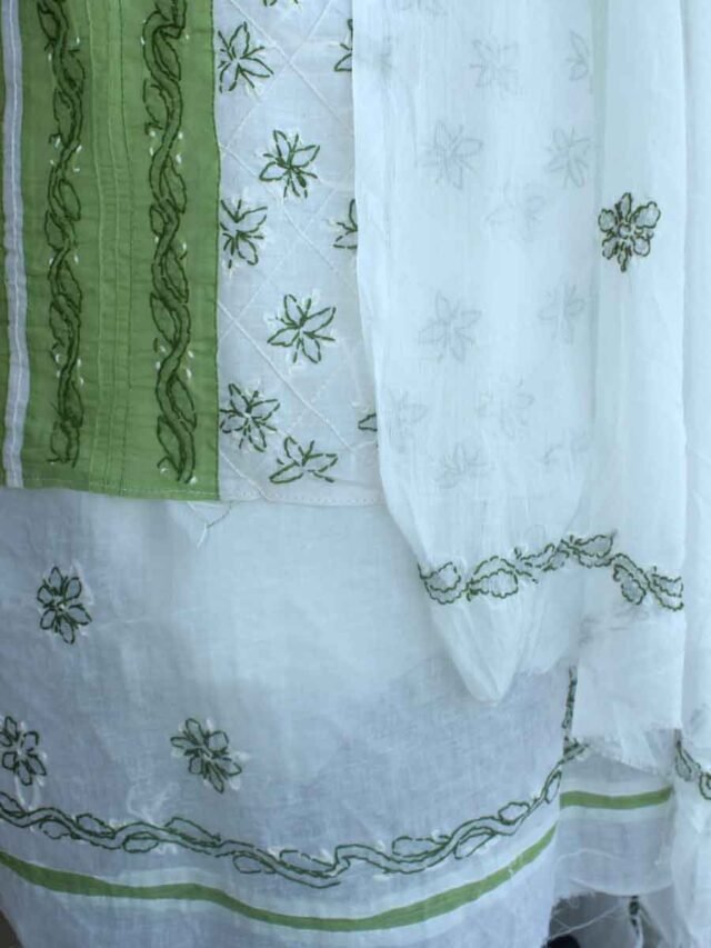 Gree(leaf)-and-white-chikankari-cotton-suit-chiffon-dupatta