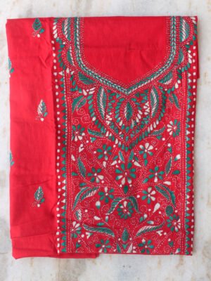 Green-and-bright-red-kanthawork-cotton-ladies-kurta-fabric