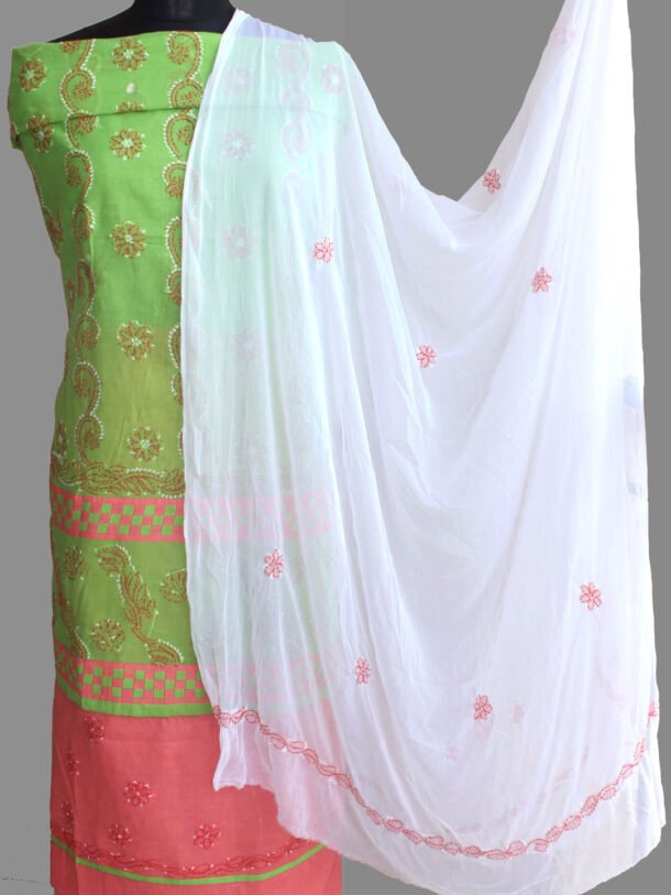 Green-and-carrot-pink-lucknow-embroidery-cotton-dress-material