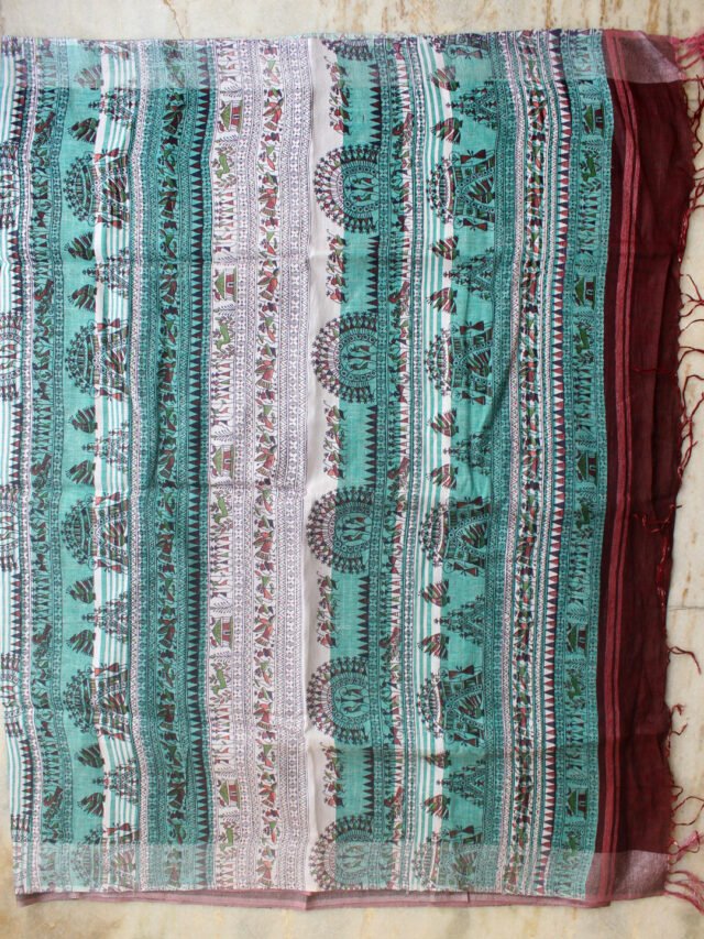 Green-and-coca-cola-red-madhubani-linen-sari