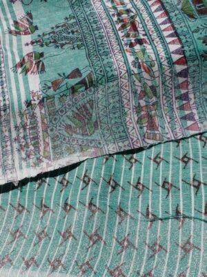 Green-and-coca-cola-red-warli-linen-saree