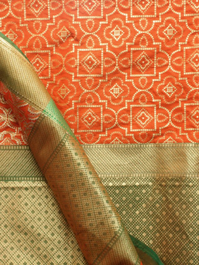 Green-and-orange-bandhani-zari-banarasee-dupatta