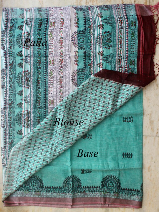 Green-and-wine-red-madhubani-line-sari