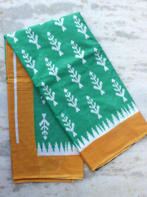 Green-and-yellow-block-printed-mul-cotton-saree
